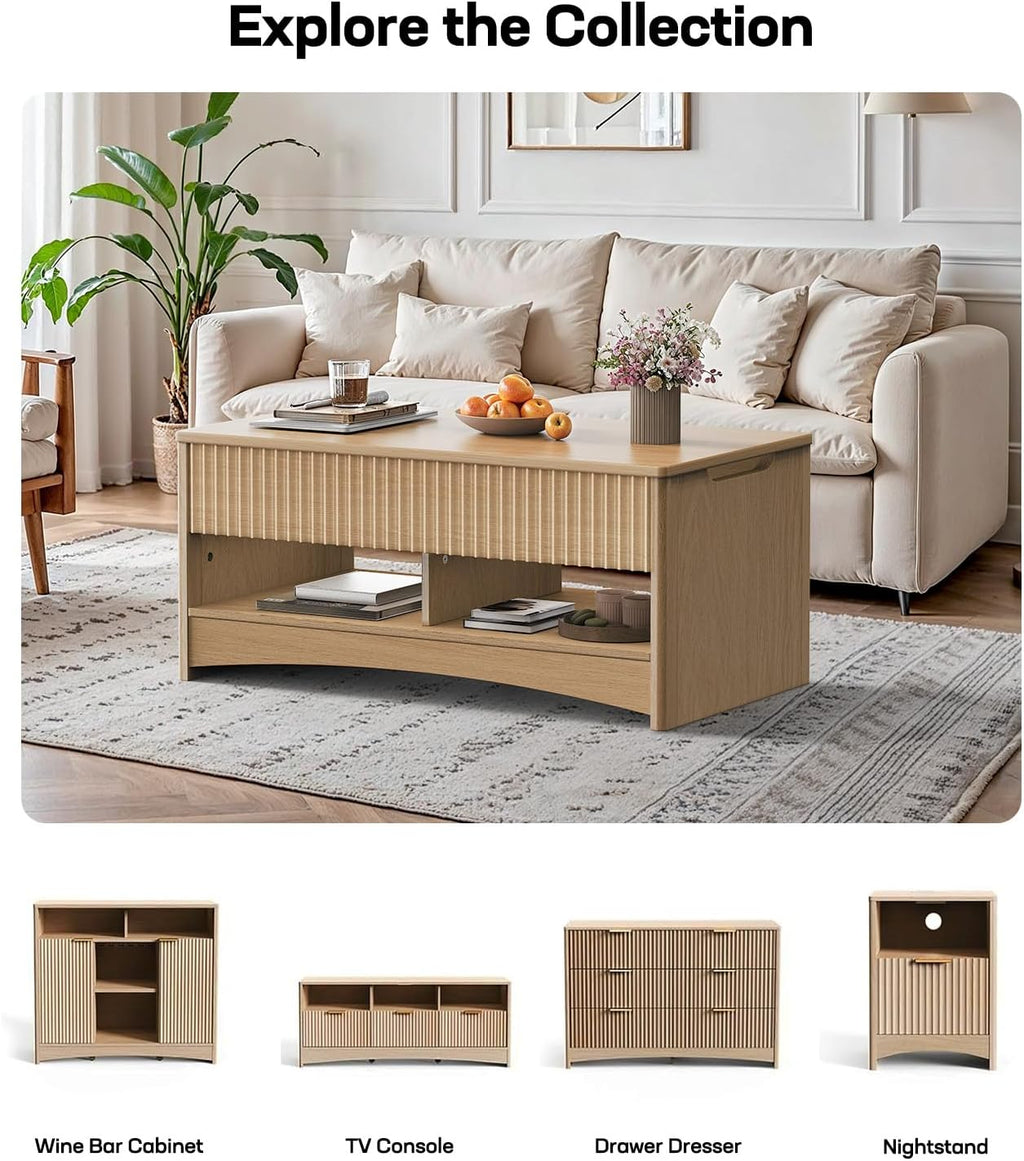 Marsail Lift Top Coffee Table with Open & Hidden Storage, Modern Fluted Coffee Table with Smooth Lift Mechanism, Sturdy Space-Saving Center Table for Home Living Room, Office, Natural Oak