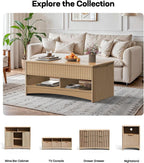 Marsail Lift Top Coffee Table with Open & Hidden Storage, Modern Fluted Coffee Table with Smooth Lift Mechanism, Sturdy Space-Saving Center Table for Home Living Room, Office, Natural Oak