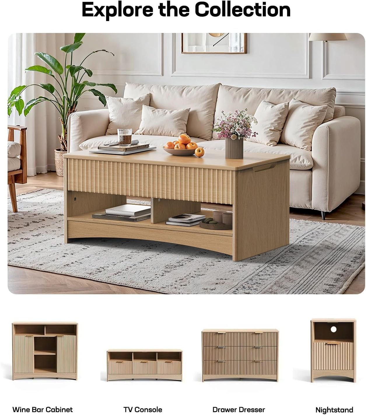 Marsail Lift Top Coffee Table with Open & Hidden Storage, Modern Fluted Coffee Table with Smooth Lift Mechanism, Sturdy Space-Saving Center Table for Home Living Room, Office, Natural Oak