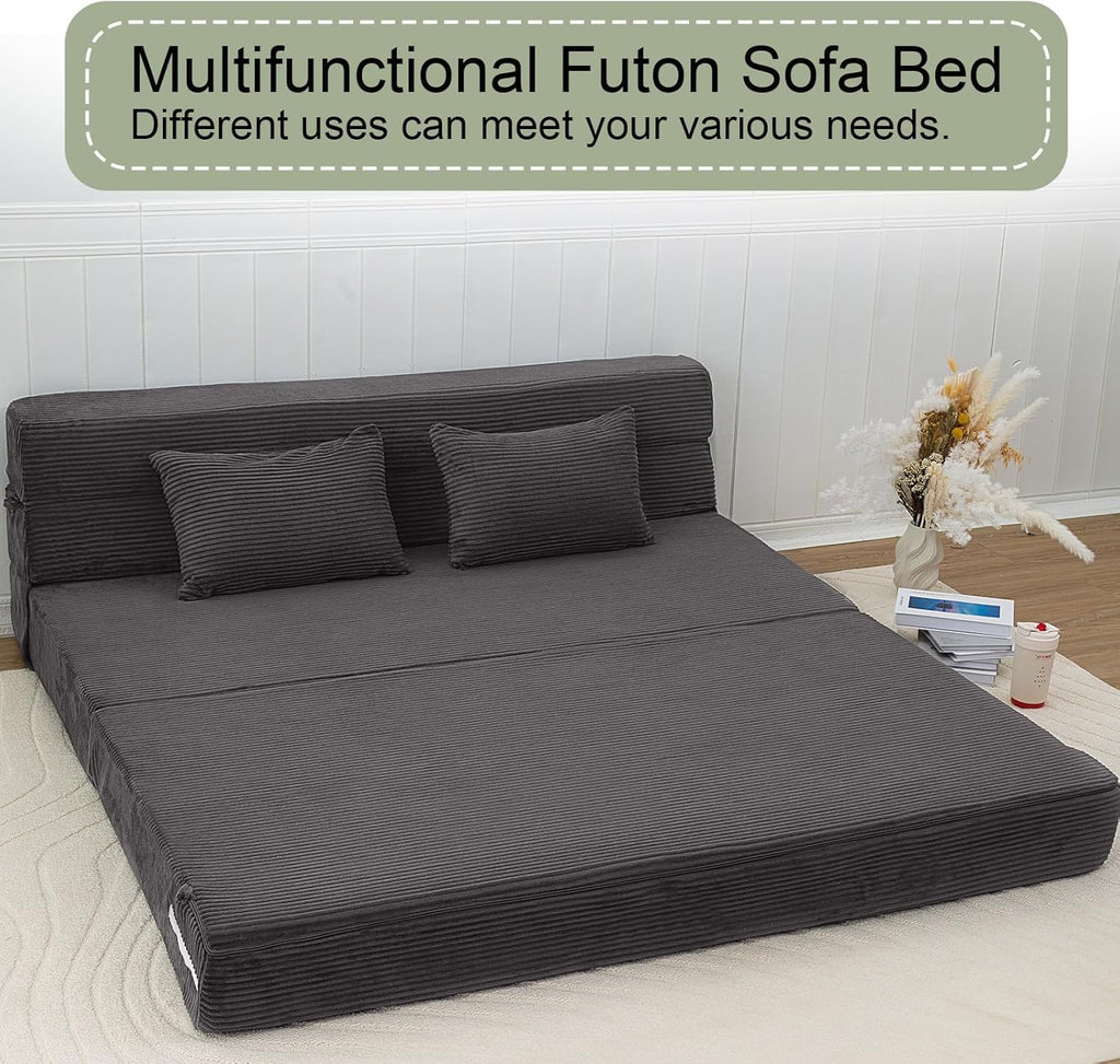 MeMoreCool Boneless Folding Sofa Bed Queen, Corduroy Convertible Sleeper Chair, Foldable Foam Mattress Chair, Comfy Fold‑Out Futon Couch Bed, Large Floor Sofa Couch for Living‑Room Guest