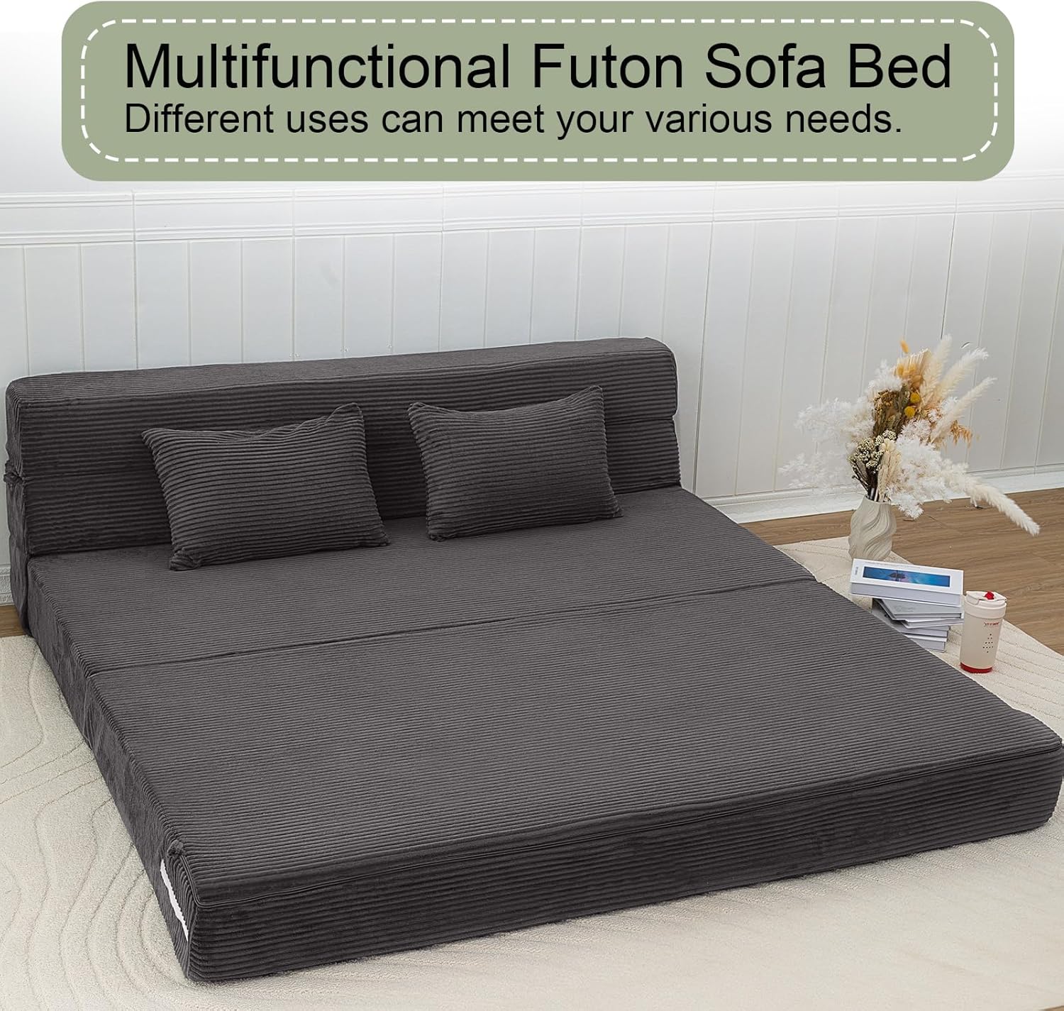 MeMoreCool Boneless Folding Sofa Bed Queen, Corduroy Convertible Sleeper Chair, Foldable Foam Mattress Chair, Comfy Fold‑Out Futon Couch Bed, Large Floor Sofa Couch for Living‑Room Guest