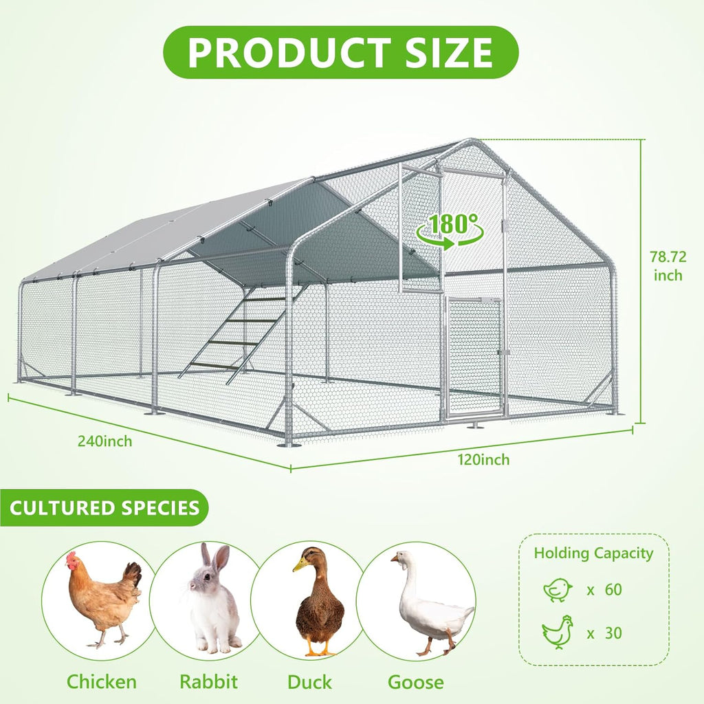 Large Chicken Coop Metal Chicken Run for Yard with Feeding Door Walk-in Chicken Pen for 20-30 Chickens Outdoor Poultry Cage with Anti-UV Cover Duck Rabbit House