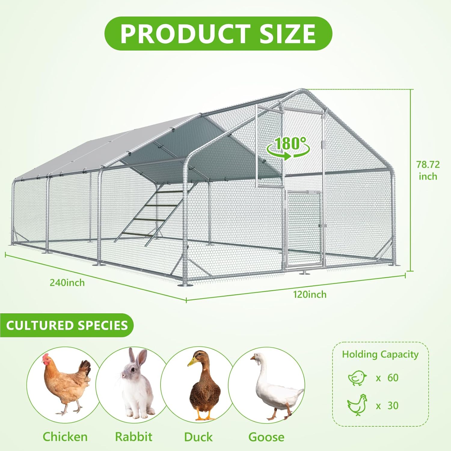 Large Chicken Coop Metal Chicken Run for Yard with Feeding Door Walk-in Chicken Pen for 20-30 Chickens Outdoor Poultry Cage with Anti-UV Cover Duck Rabbit House