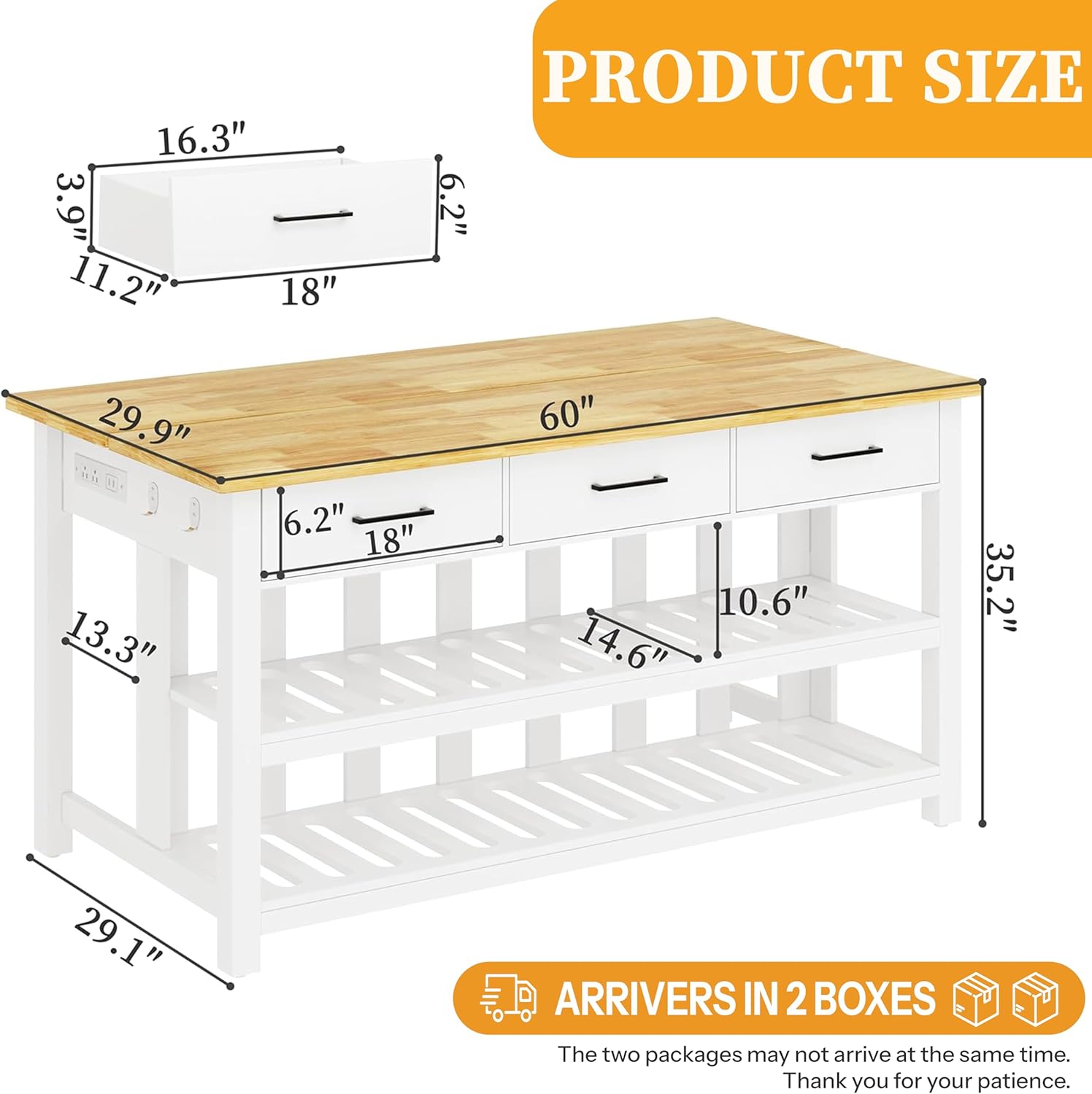 60" Solid Rubberwood Kitchen Island with Power Outlets - Extra Large Work Surface, 3 Drawers & 2 Open Shelves Storage Cabinet for Kitchen Dining Room, Farmhouse Style (White)
