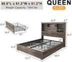 Queen Size Bed Frame with LED Bookcase Headboard, Wooden Storage Bed with Charging Station & 4 Drawers, No Box Spring Needed/Noise-Free/Rustic Grey