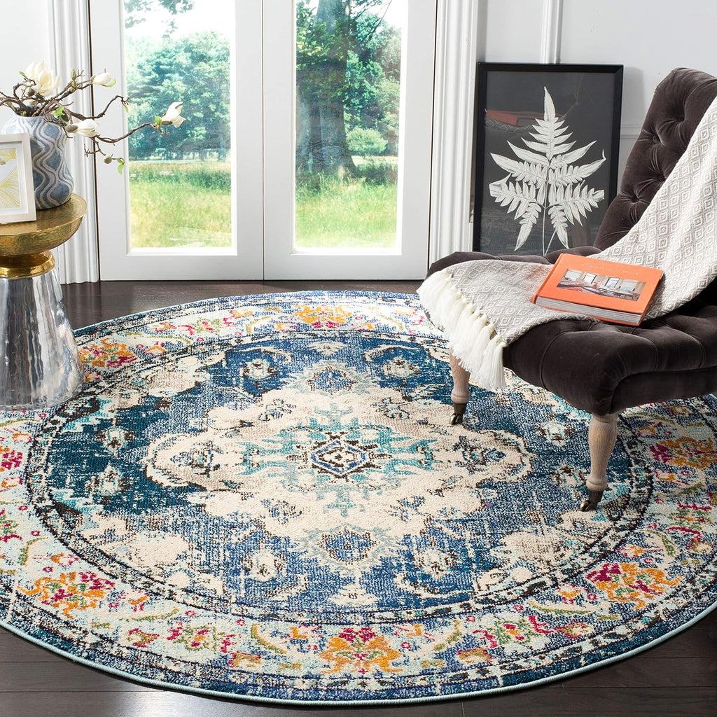 SAFAVIEH Monaco Collection Area Rug - 10' Round, Navy & Light Blue, Non-Shedding & Easy to Clean, Distressed Medallion Design, Ideal for Living Room, Bedroom, Dining Space (MNC243N)