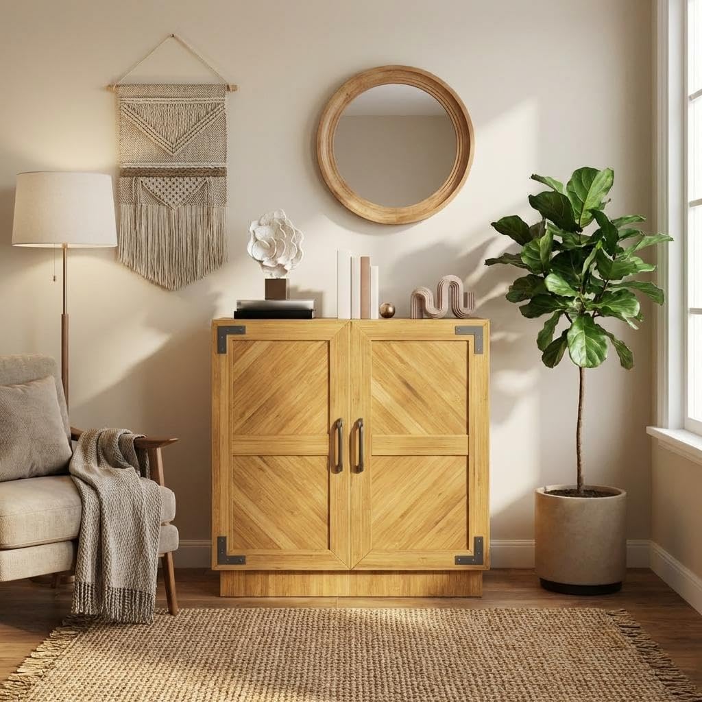 Modern Farmhouse Sideboard Buffet Cabinet - 31.5" Storage Credenza with Adjustable Shelves, Oak & Black Finish for Kitchen, Living Room, Coffee Bar