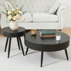 FurSch Modern Farmhouse Round Coffee Table Set of 2, Iron Rattan Nesting Side Table with Hidden Storage Basket for Living Room, Balcony, Patio, Poolside (Black)