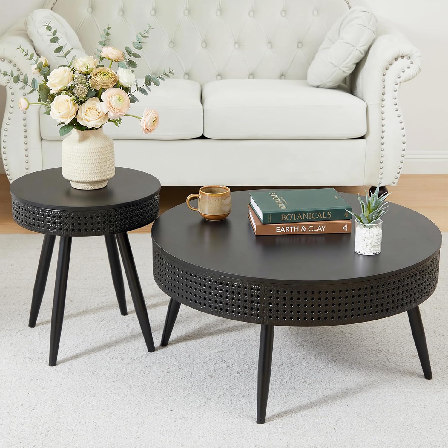 FurSch Modern Farmhouse Round Coffee Table Set of 2, Iron Rattan Nesting Side Table with Hidden Storage Basket for Living Room, Balcony, Patio, Poolside (Black)