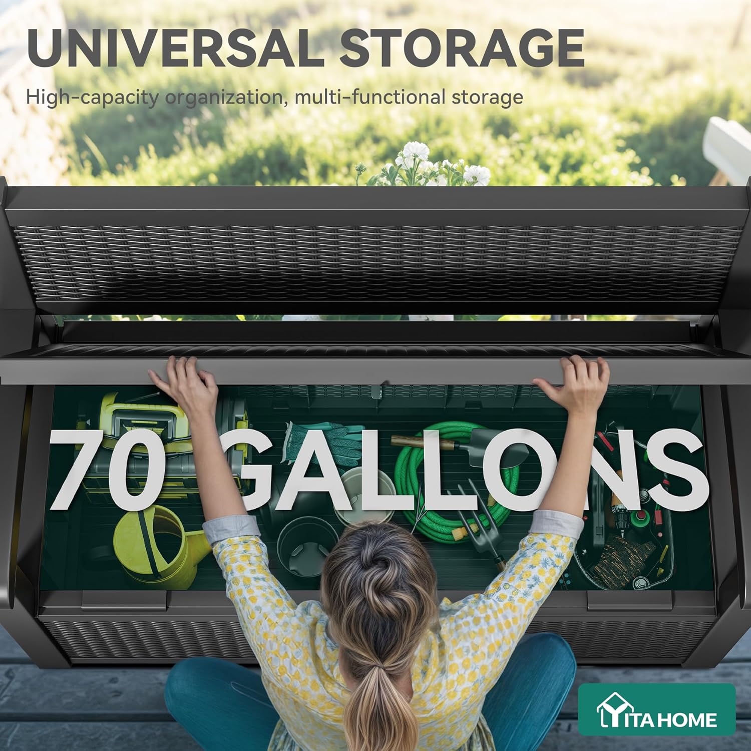 YITAHOME 70 Gallon Deck Bench with Storage  Outdoor Storage Box Bench with Armrests for Patio Garden Pool Porch  Waterproof&Lockable  Black