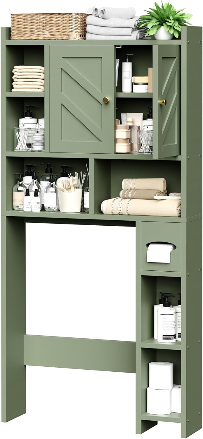 Meilocar Over The Toilet Storage Cabinet, 64.6" Tall Bathroom Organizer Space Saver with Toilet Paper Holder & Adjustable Shelf, Freestanding Wood Cabinet for Small Space, Green
