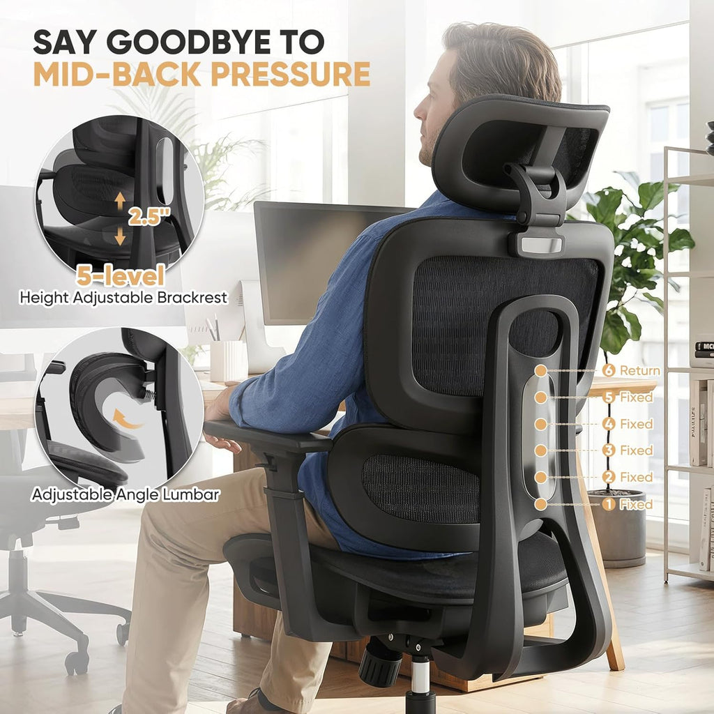 Magshion Ergonomic Office Chair, Swivel Executive Work Task Chair with Adjustable Headrest, 3D Armrests, Tilt Lock and Lumbar Support, Mesh Desk Chair for Home Office, 350 LBS Capacity, Black