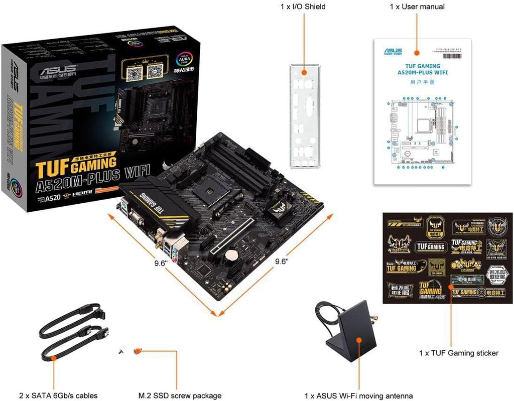 ASUS TUF Gaming A520M-PLUS (WiFi) AMD AM4 (3rd Gen Ryzen™) microATX Gaming Motherboard (M.2 Support, 802.11ac Wi-Fi, DisplayPort, HDMI, D-Sub, USB 3.2 Gen 1 Type-A and Aura Addressable Gen 2 headers)