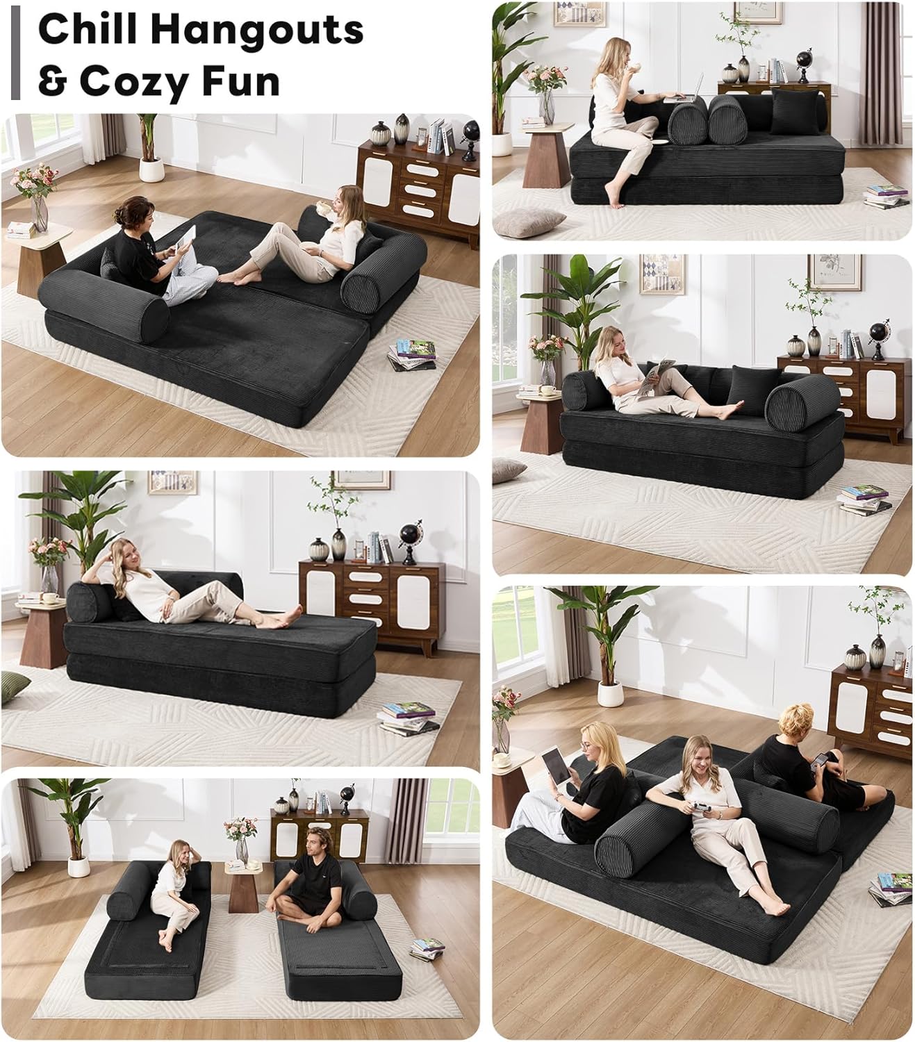 Tbfit 79'' Convertible Sofa Bed, Oversized Corduroy Folding Boneless Couch, Futon Mattress Sleeper Sofa, Comfy Foldable Upholstered Floor Couches for Living Room, Black