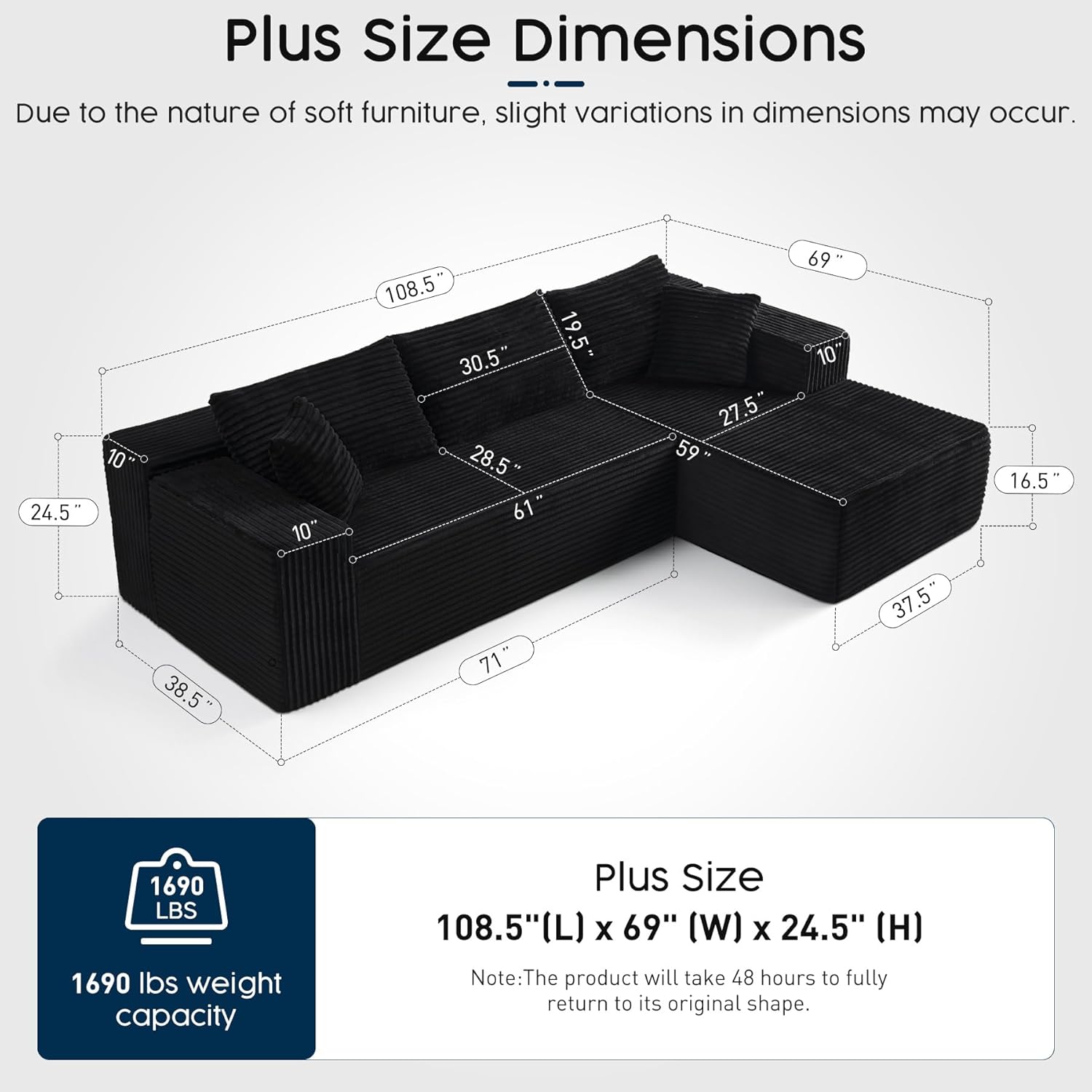Black Sectional Couch for Living Room - 108" Modular Cloud Sofa with Chaise, Ultra Soft Corduroy L-Shaped Large Couches, Boneless Deep Seat Sectional Couch, No Assembly Required (Left Facing Chaise)