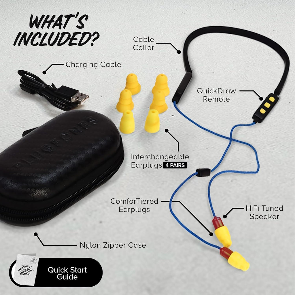 Plugfones FreeReign Volume Limited Wireless Bluetooth in-Ear Earplug Earbuds - Noise Reduction Headphones with Noise Isolating Mic and Controls, Blue & Yellow