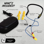Plugfones FreeReign Volume Limited Wireless Bluetooth in-Ear Earplug Earbuds - Noise Reduction Headphones with Noise Isolating Mic and Controls, Blue & Yellow