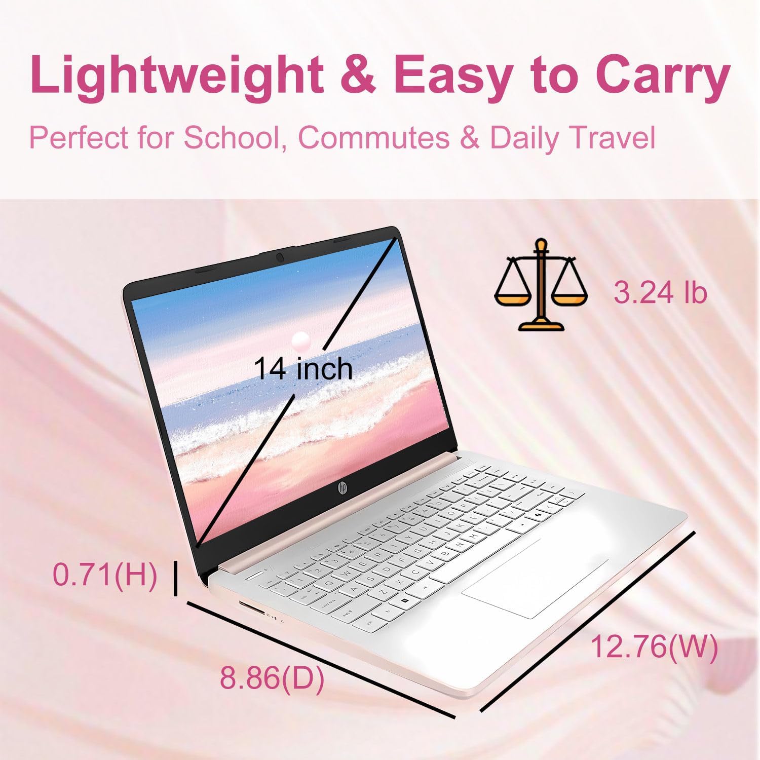 HP 14″Rose Gold Lightweight Laptop  with Office 365 & Copilot AI  Intel Processor  4GB RAM Memory  64GB SSD + 1TB Cloud Storage