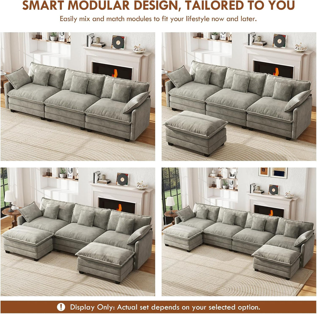 WorthFurni 111.4” Modular Sectional Sofa, U Shape Cloud Couch with 2 Movable Ottoman, Comfy Chenille Deep Seat Sofa with Soft Pillows for Apartment Living Room Bedroom（Grey）