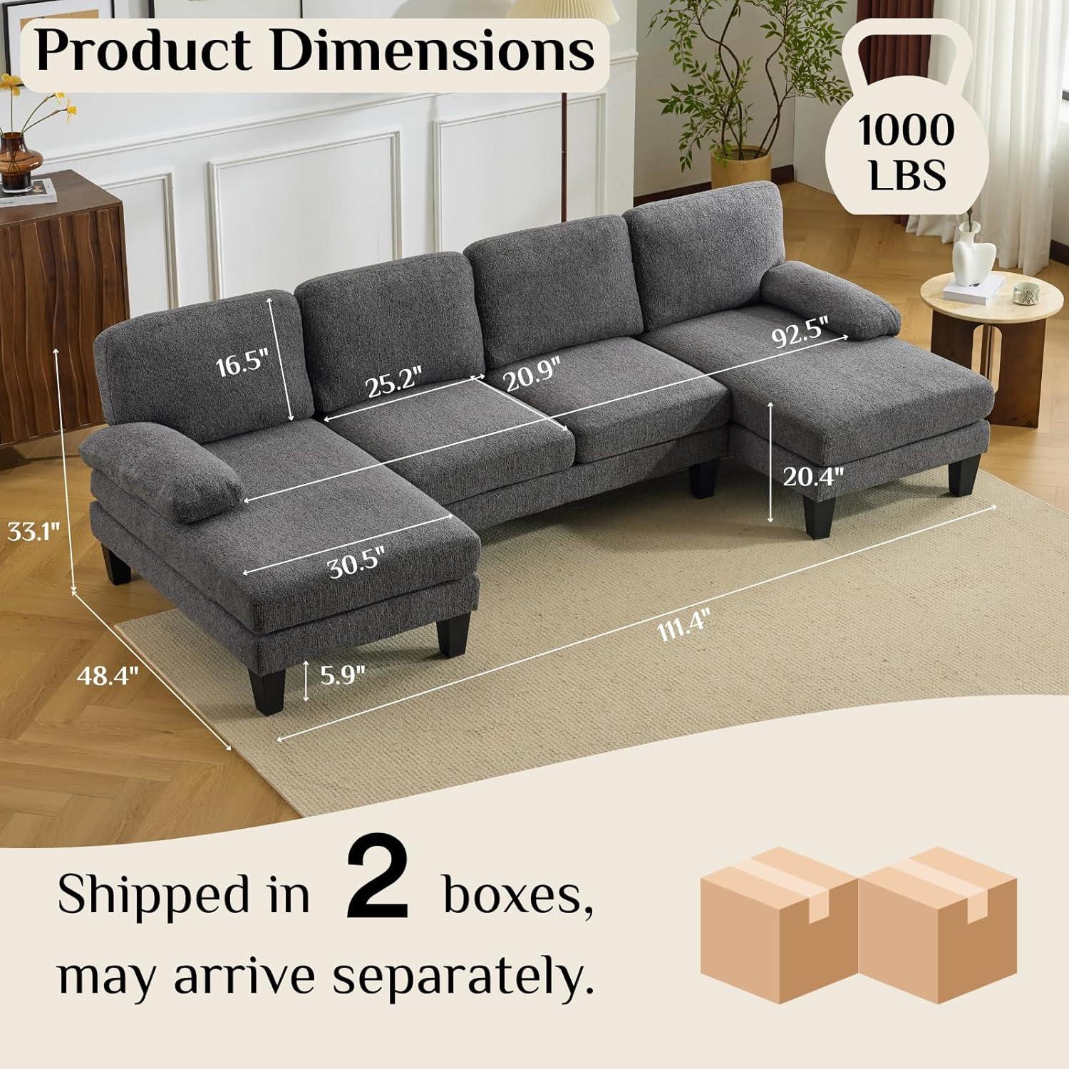Karl home 110" U-Shape Sectional Couches for Living Room Chenille Upholstery 4 Seat Sofa Set with Double Chaises & Wood Grain Legs for Apartment, Dark Grey
