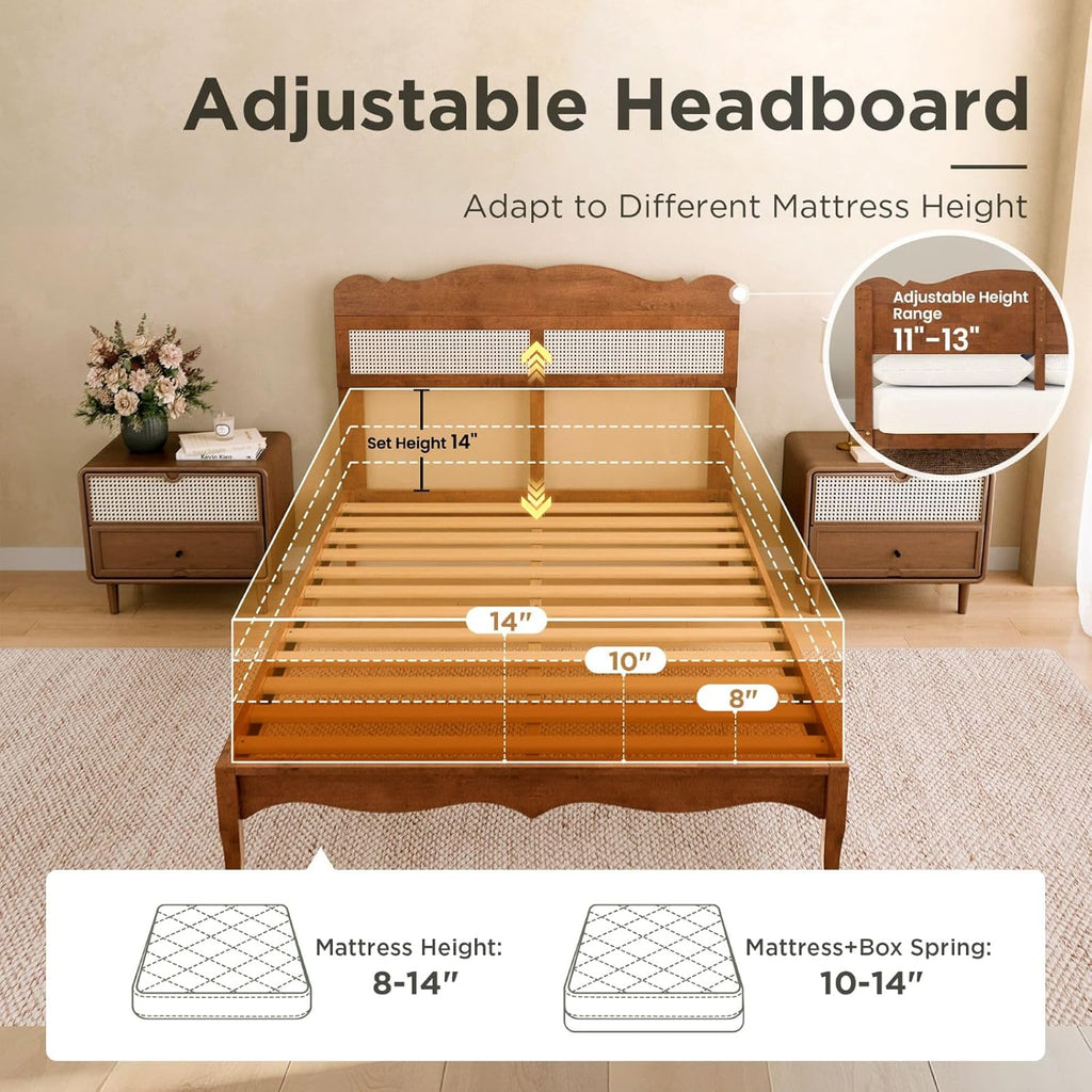 Sophia & William Rattan Bed Frame Full Size, Wood Bed Frame with Adjustable Headboard, Solid Wood Slats Support, Brown