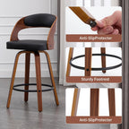 Swivel Bar Stools Set of 2, Walnut Counter Height Bar Stools with Back and Arms, 26" Modern Faux Leather Upholstered Bar Chairs with Bentwood Frame for Kitchen Island Bar - Black
