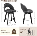 24” Counter Height Bar Stools Set of 2, Modern Swivel Bar Stools with Ergonomic Curved Back, Faux Leather Seat & Solid Wood Legs, Charcoal Grey