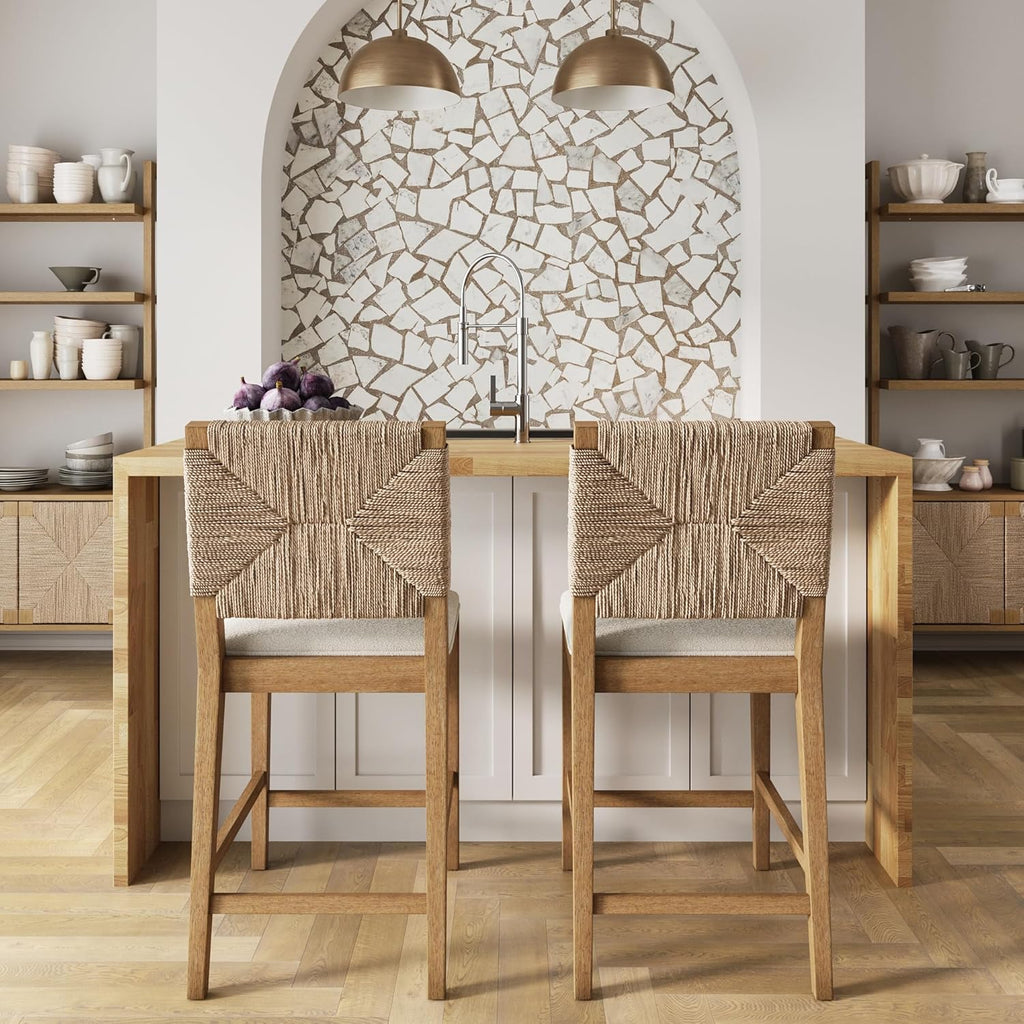 Nathan James Beacon Bohemian Boucle Bar Stool, Upholstered Counter Height Chair with Solid Wood Frame and Woven Seagrass Back for Kitchen Island, Light Brown/Seagrass/Cream Boucle, Set of 2