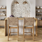 Nathan James Beacon Bohemian Boucle Bar Stool, Upholstered Counter Height Chair with Solid Wood Frame and Woven Seagrass Back for Kitchen Island, Light Brown/Seagrass/Cream Boucle, Set of 2