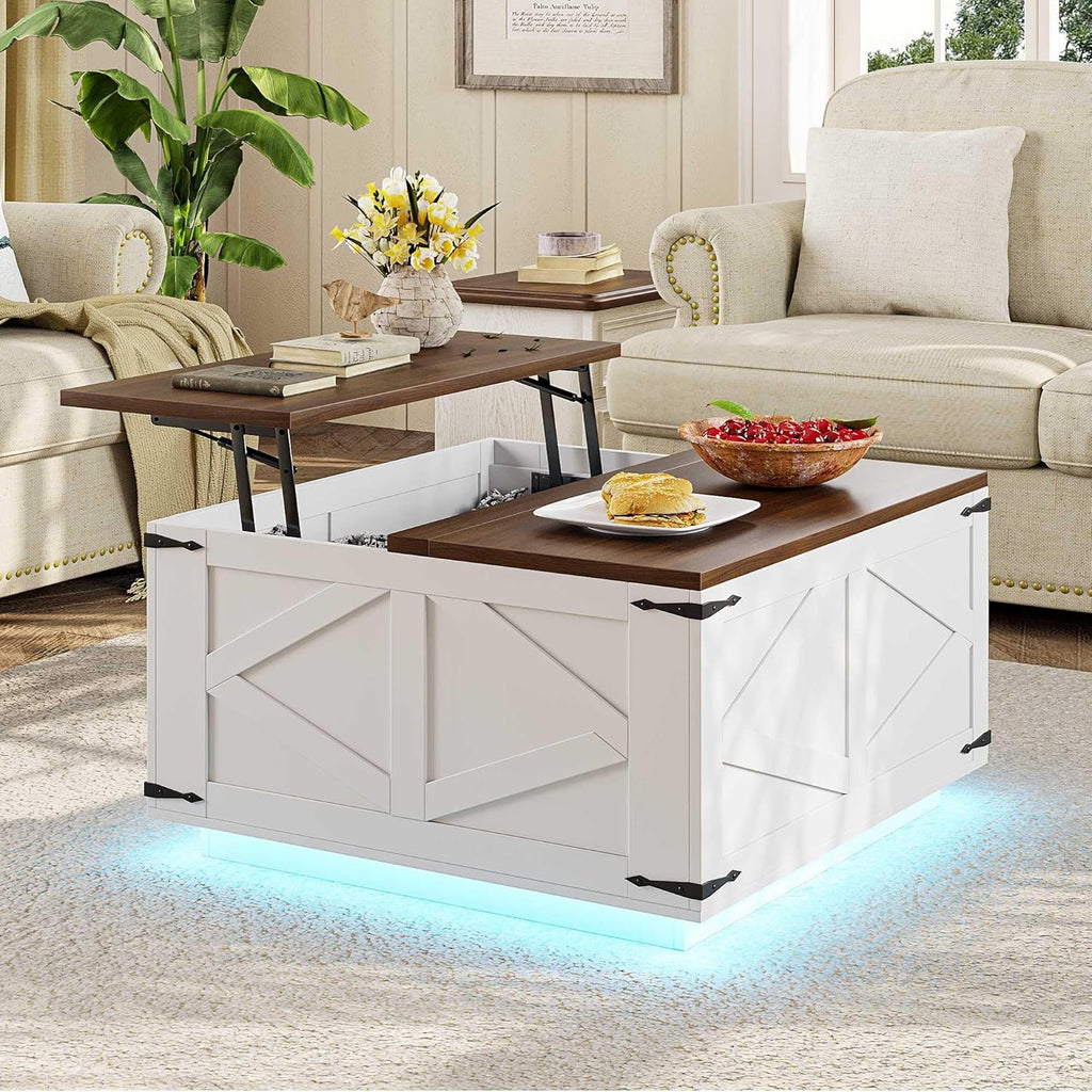 Jocoevol Farmhouse Lift Top Coffee Table, Square Wood Center Table with LED Lighting, USB-C Charging Station, and Hidden Storage Compartment - Rustic White & Oak Living Room Furniture