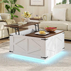 Jocoevol Farmhouse Lift Top Coffee Table, Square Wood Center Table with LED Lighting, USB-C Charging Station, and Hidden Storage Compartment - Rustic White & Oak Living Room Furniture