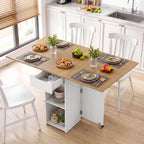 Giantex 47.5" Folding Dining Table for 2-4, Drop Leaf Wooden Dinner Table with 2-Tier Storage Shelf and Drawer, Lockable Wheels, Space Saving Kitchen Tables for Dinette, Small Space (White+Natural)