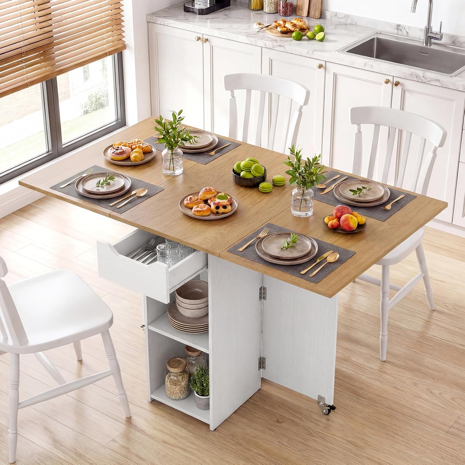 Giantex 47.5" Folding Dining Table for 2-4, Drop Leaf Wooden Dinner Table with 2-Tier Storage Shelf and Drawer, Lockable Wheels, Space Saving Kitchen Tables for Dinette, Small Space (White+Natural)