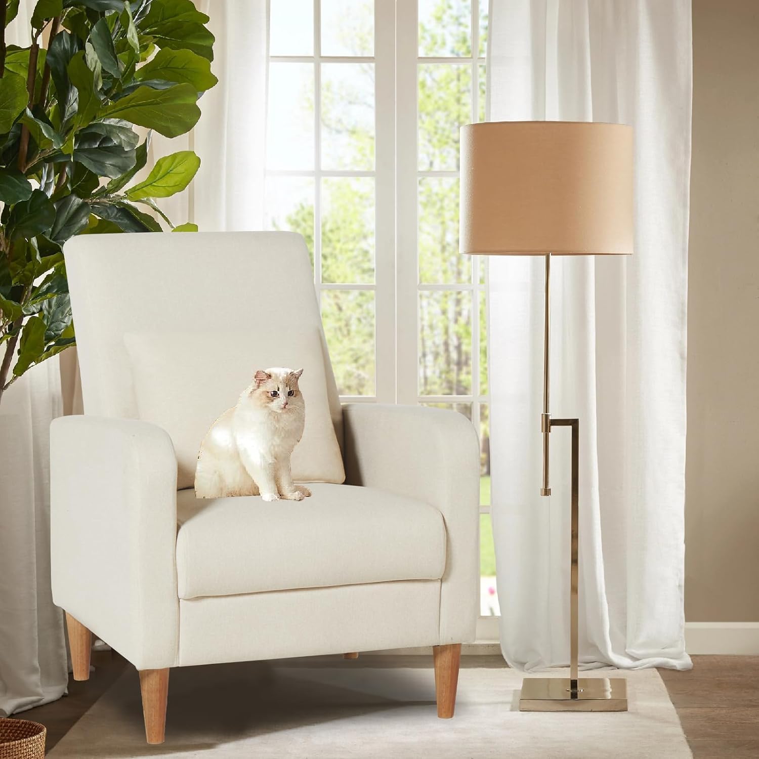 COLAMY Mid-Century Modern Upholstered Accent Chair with Back Pillow & Solid Wood Legs, Fabric Cozy Armchair for Living Room, Bedroom, Reading Nook, Apartment & Small Spaces, Beige