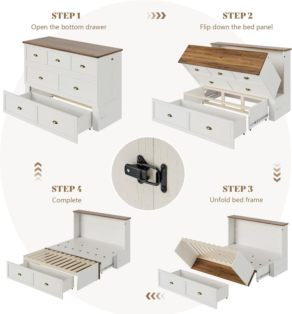 AMERLIFE Queen Size Murphy Bed, Farmhouse Wooden Cabinet with Charging Station and Storage Drawer for Bedroom/Office/Guest Room, White+Barnwood