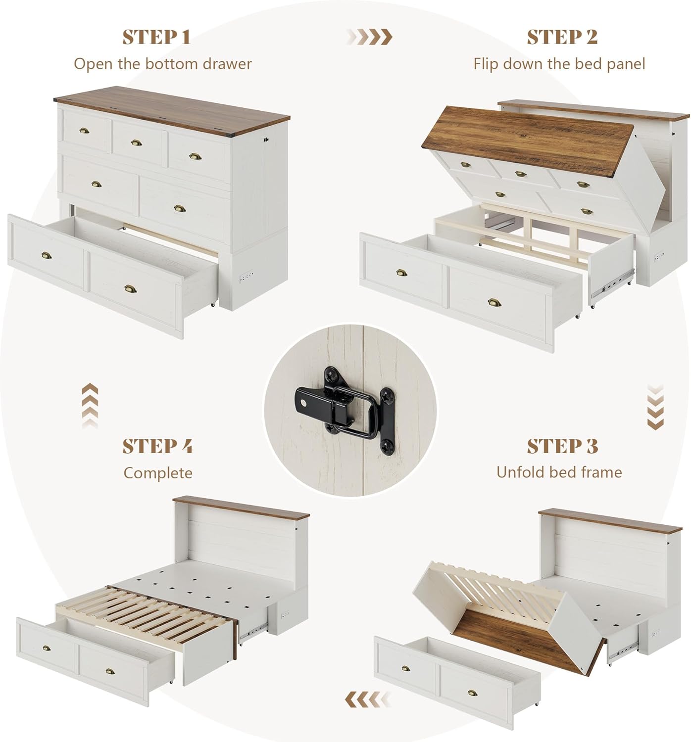 AMERLIFE Queen Size Murphy Bed, Farmhouse Wooden Cabinet with Charging Station and Storage Drawer for Bedroom/Office/Guest Room, White+Barnwood