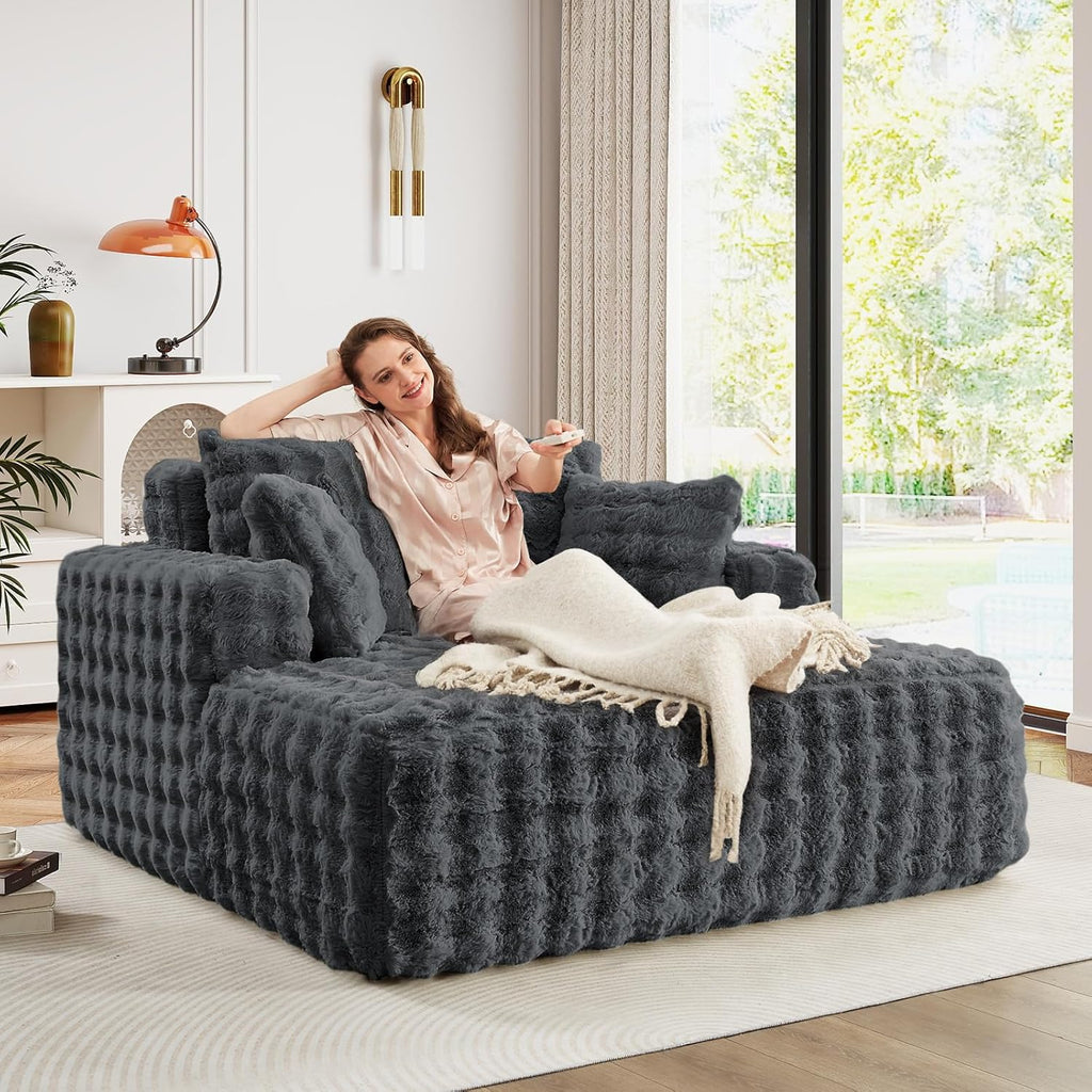 56" W Oversized Chaise Lounge Chair Indoor,Plush Faux Fur Sleeper Couch Sofa Bed with Pillows,Fluffy Comfy Cloud Sofa,Compression Foam Boneless Couch for Living Room,Bedroom(Bubble, Grey)