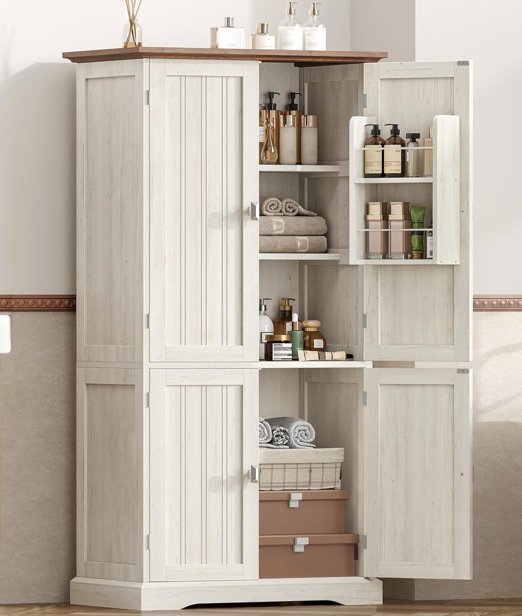Akxomel 53.1" H Tall Bathroom Storage Cabinet with 4 Door Shelves, Farmhouse Kitchen Pantry Cabinet with 4 Doors, Linen Bathroom Floor Cabinet for Kitchen, Bathroom, Living Room, Rustic White