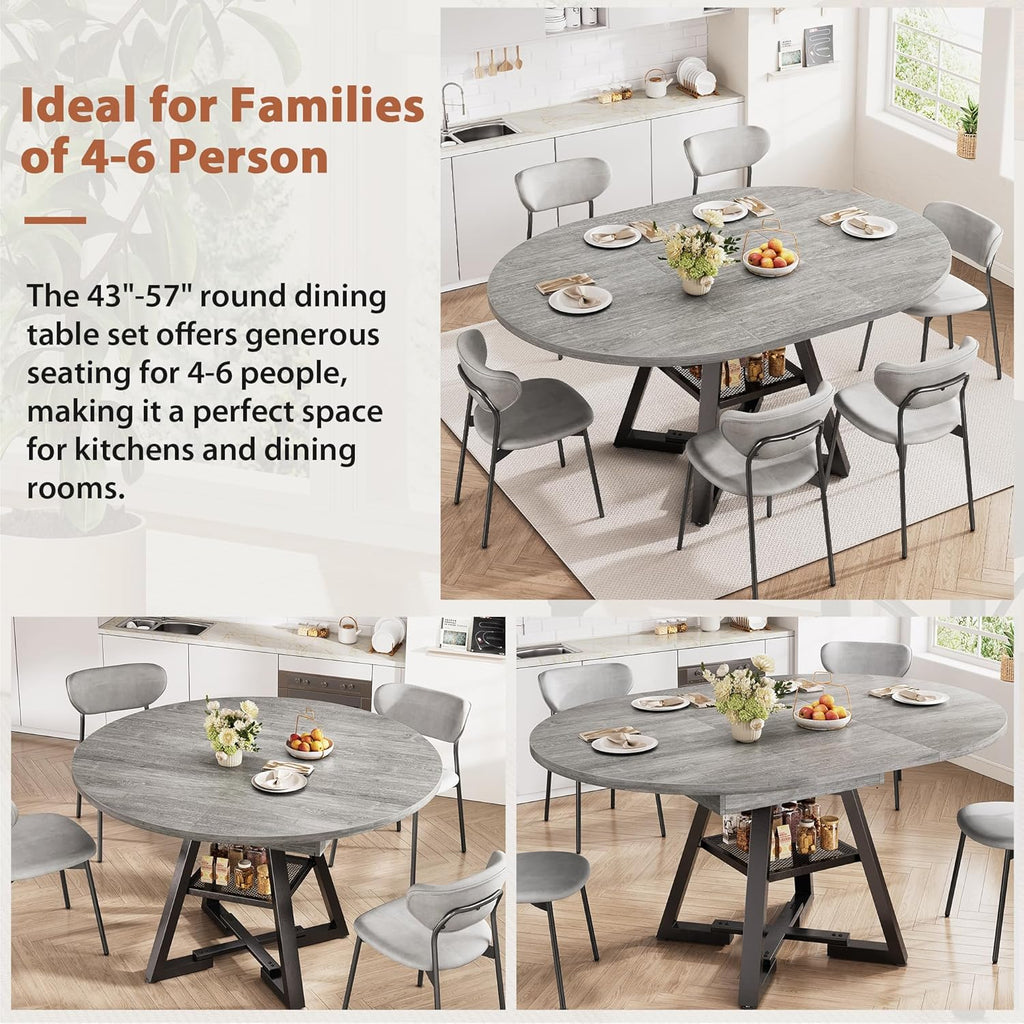43‘’-57‘’ Extendable Round Dining Table for 4-6, Modern Industrial Kitchen Oval Dining Table with Removable Leaves, Space Saving Pedestal Base with Storage Shelf for Kitchen Living Room (Grey)