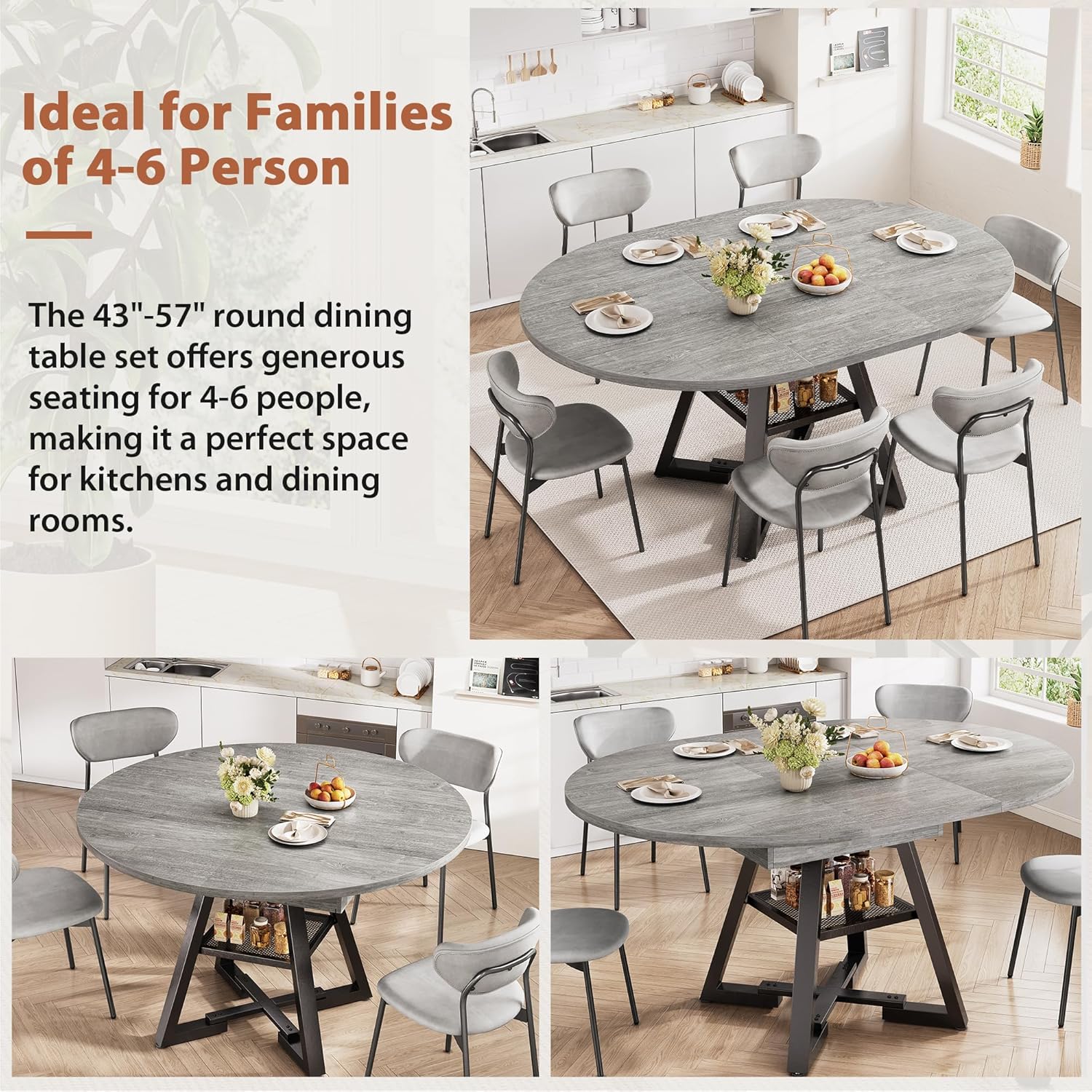 43‘’-57‘’ Extendable Round Dining Table for 4-6, Modern Industrial Kitchen Oval Dining Table with Removable Leaves, Space Saving Pedestal Base with Storage Shelf for Kitchen Living Room (Grey)