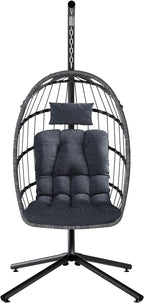 SWITTE Egg Chair Outdoor with Stand, Indoor Wicker Hanging Egg Swing Chair with Cushion, 350lbs Capacity for Patio, Bedroom, Garden - Dark Grey