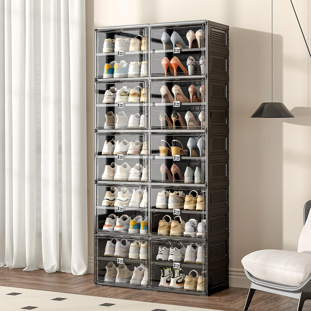 Shoe Rack Organizer Cabinet for Closet Entryway,Clear Shoe Storage Boxes Stackable Sneaker Storage with Door Easy Assembly Black Shoe Cabinet with Lids Large 10 Tiers 40 Pairs