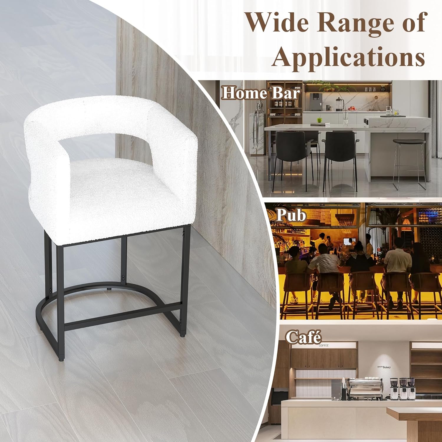 Westice Bar Stools Set of 3, 26” Seat Height Counter Height Stools with Curved Backrest, Barrel Sherpa Fabric Bar Chairs with Metal Frames, Upholstered Chairs for Kitchen Island, Pub, Club, Beige