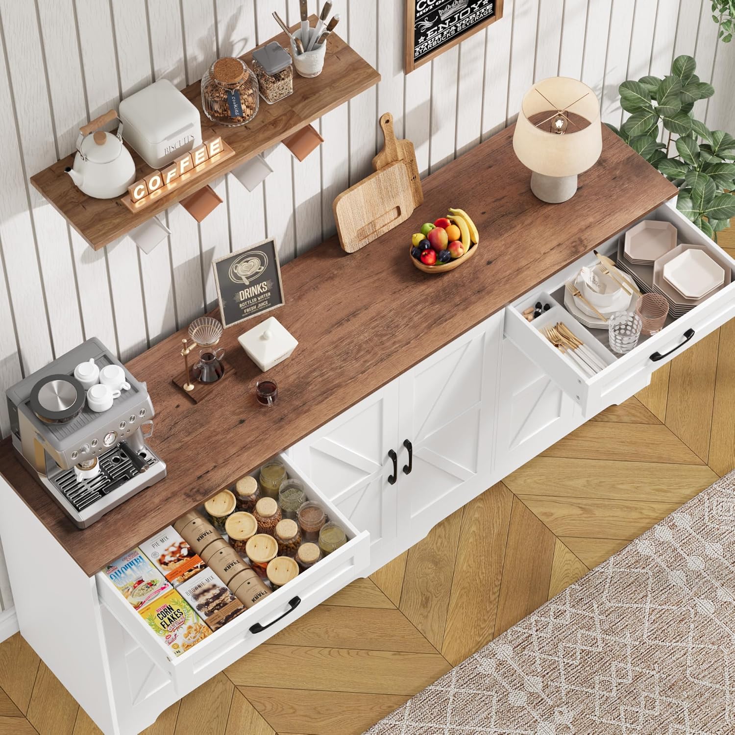 71” Large Sideboard Buffet Cabinet with Storage, Farmhouse Kitchen Buffet Cabinet with Adjustable Shelves and 6 Barn Doors, Wood Coffee Wine Bar Console Table for Kitchen, Dining Room, White