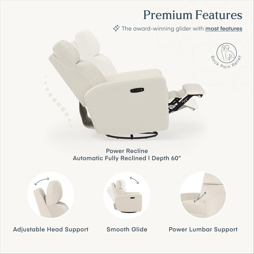 Nurture& The Glider Plus - Premium Nursery Power Recliner | Swivel Chair with Adjustable Head Support | Adjustable Lumbar Support Built in USB The Ultimate Comfort for Nursing, Relaxing (Boucle Creme)