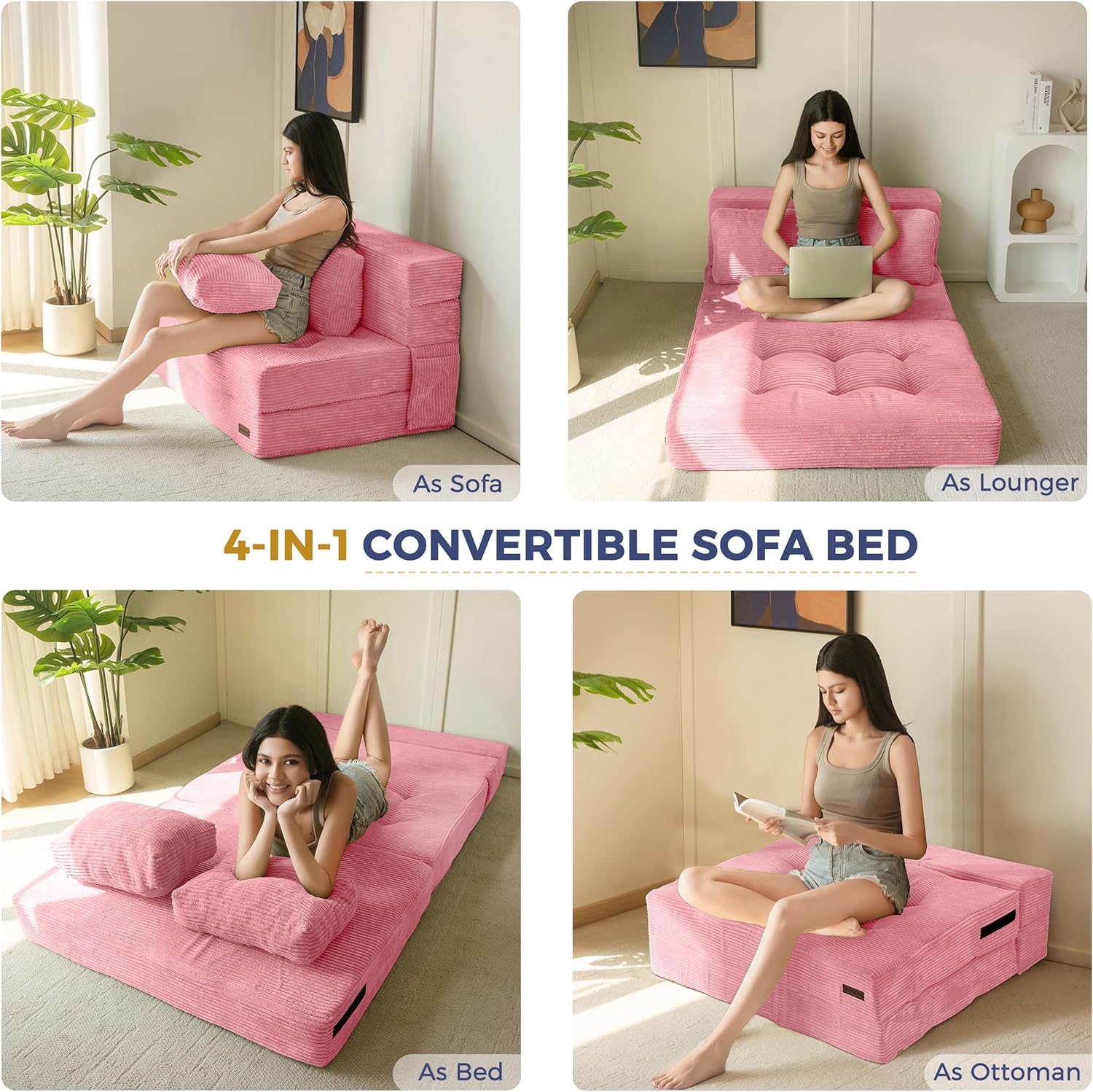 MAXYOYO Convertible Sofa Bed, Fold Out Loveseat Sleeper Sofa with Pillow, 4 in 1 Tufted Folding Couch Bed Foam Floor Couch, Lazy Chair for Living Room Bedroom Guest Room, Pink