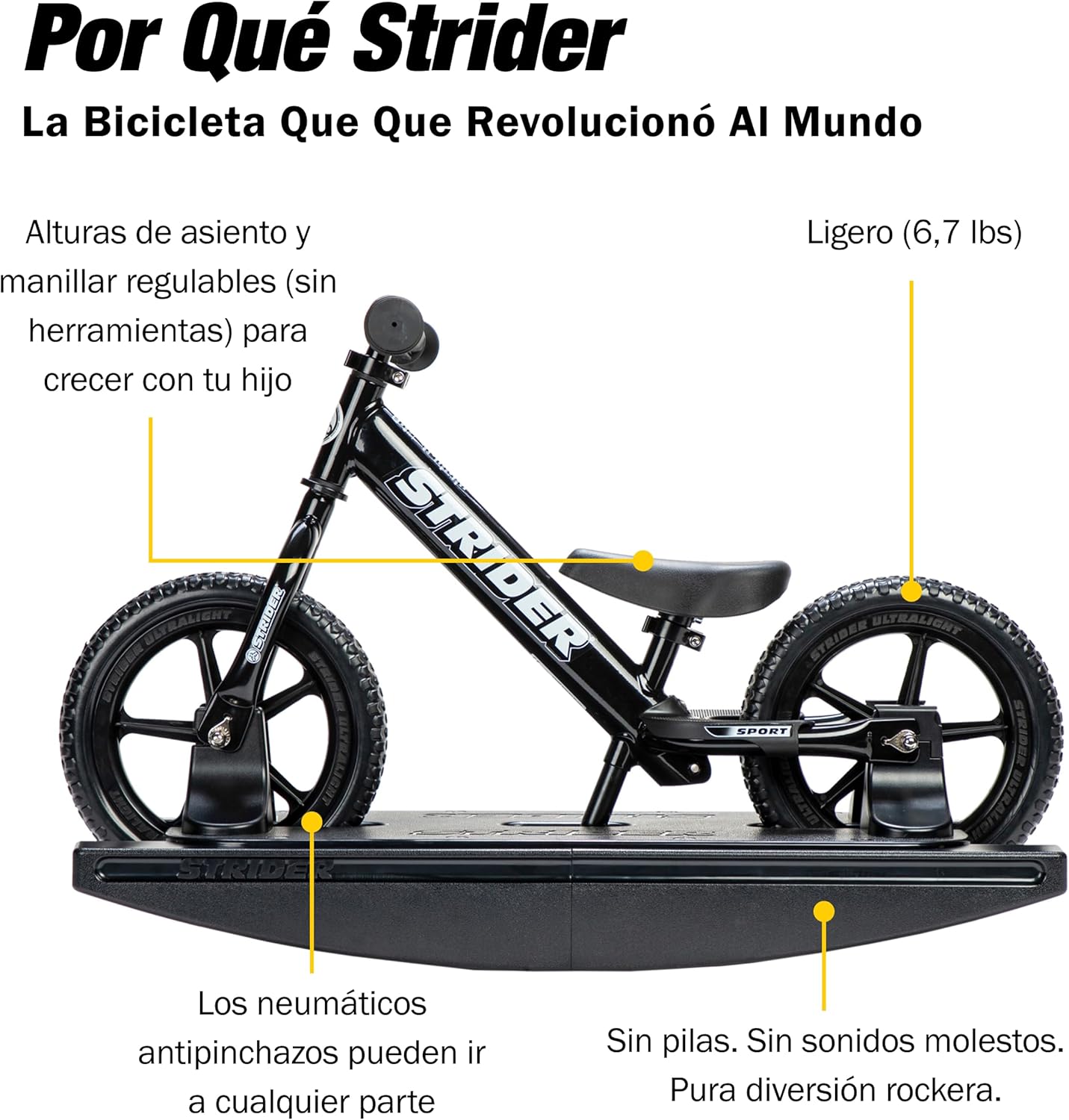 Strider 12” Pro Bike + Rocking Base - Helps Teach Baby How to Ride a Balance Bicycle - for Kids 6 Months to 4 Years - Easy Assembly & Adjustments
