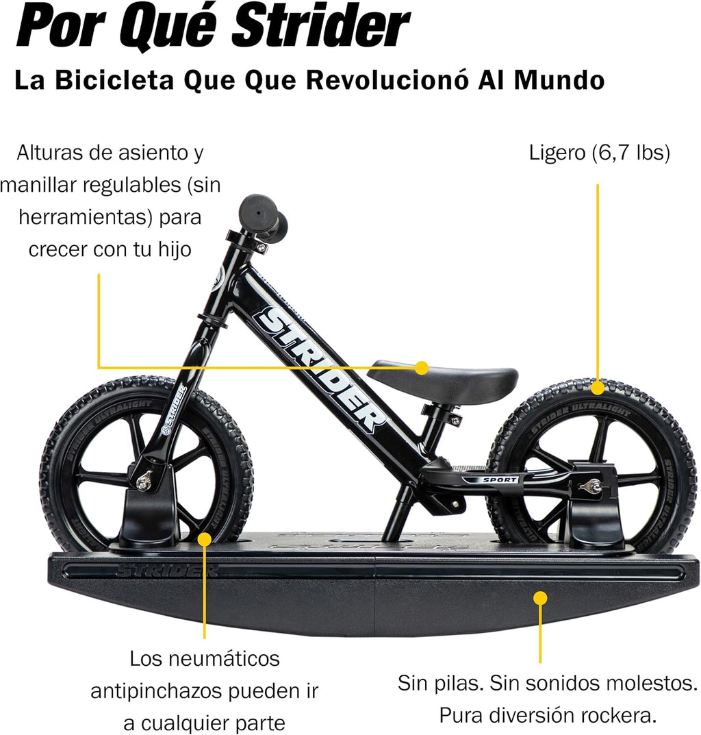 Strider 12” Pro Bike + Rocking Base - Helps Teach Baby How to Ride a Balance Bicycle - for Kids 6 Months to 4 Years - Easy Assembly & Adjustments