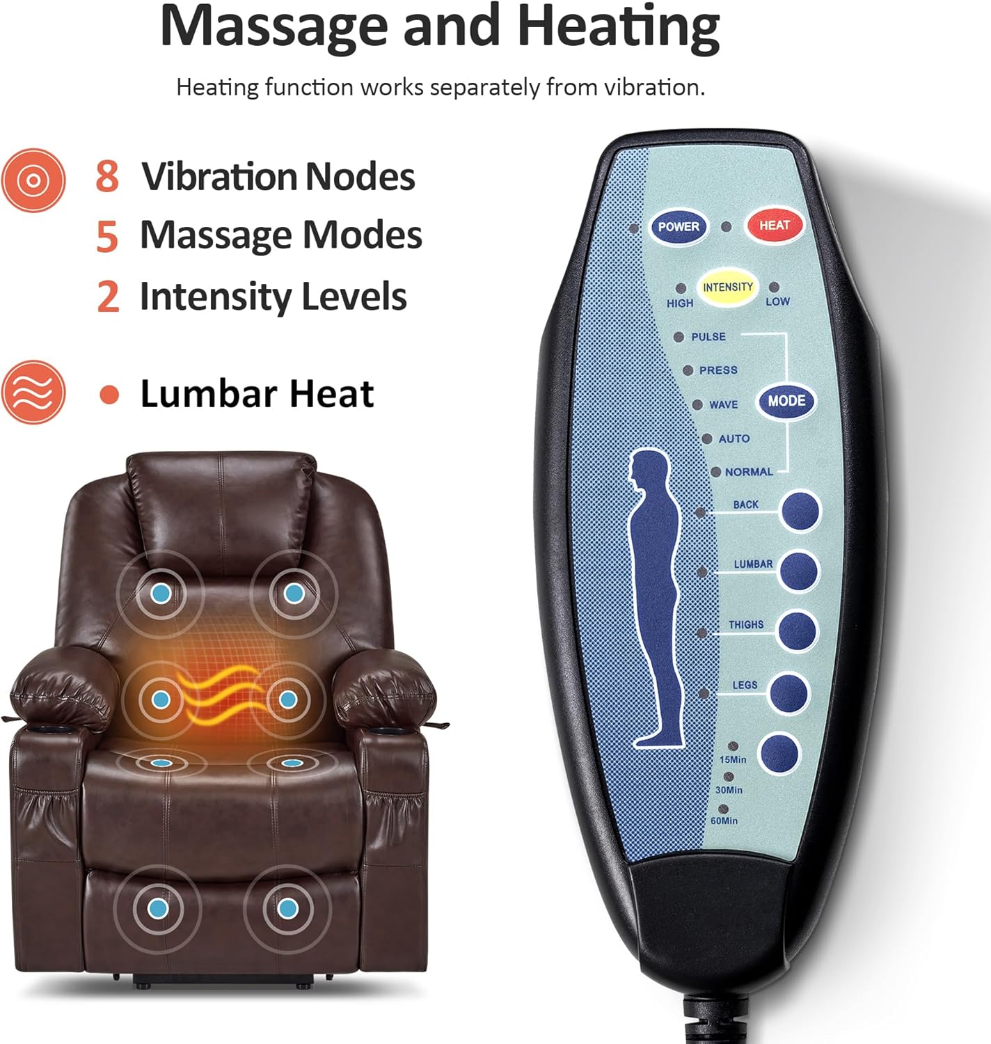 MCombo Electric Power Lift Recliner Chair Sofa with Massage and Heat for Elderly, 3 Positions, 2 Side Pockets, and Cup Holders, USB Ports, Faux Leather 7040 (Dark Brown, Medium)