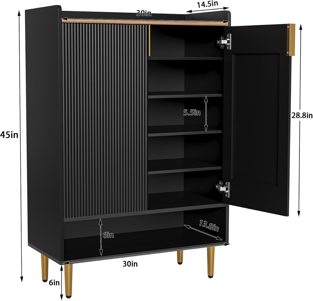 Modern Shoe Storage Cabinet, 7-Tiers Black Shoes Cabinet with Fluted Doors, 45 inch Tall Wooden Shoe Organizer with 4 Adjustable Shelves, Storage Cabinet for Entryway, Hallway, Front Door